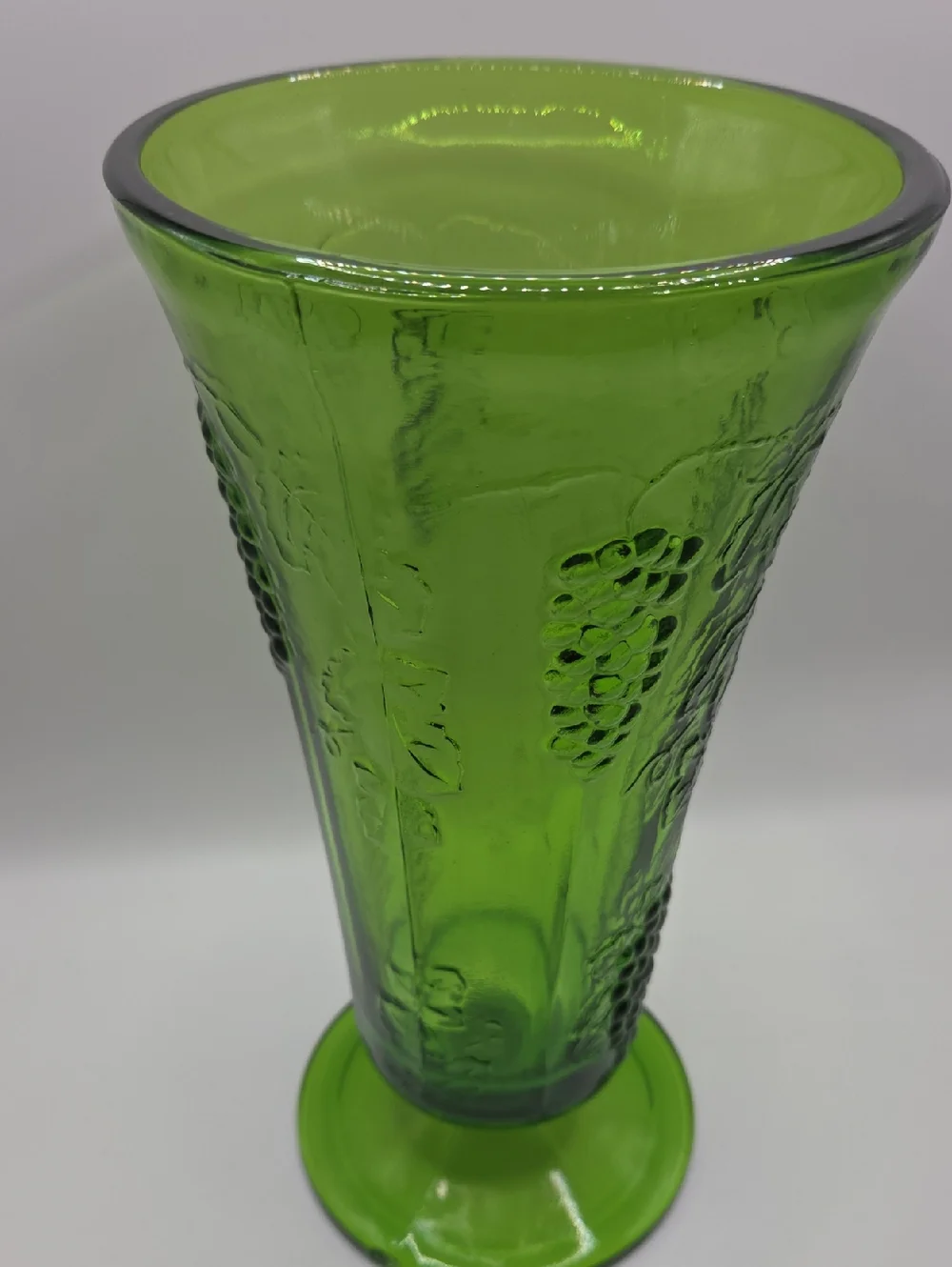 Indiana Glass Green Pressed Glass Pedestal Vase Green with Grape Motif